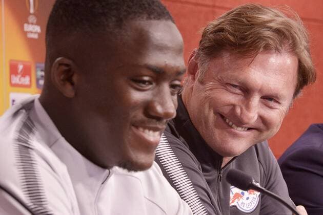 Football Europa League 2017 18 Press Conference before RB Leipzig Olympique Marseille 04 04 2018 Game on 05 04 2018 RB Leipzig Coach Ralph Hasenhüttl re laughs Defender Ibrahima Konaté li at Leipzig Saxony Germany