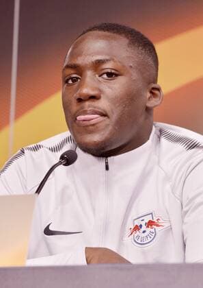 Football Europa League 2017 18 Press Conference in front of RB Leipzig Olympique Marseille 04 04 2018 Game on 05 04 2018 RBL Defender Ibrahima Konaté sticks out his tongue Leipzig Saxony Germany
