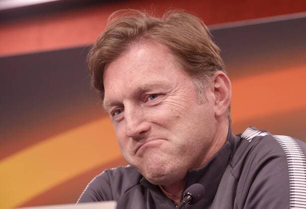 Football Europa League 2017 18 Press Conference in front of RB Leipzig Olympique Marseille 04 04 2018 Game on 05 04 2018 RB Leipzig Coach Ralph Hasenhüttl thoughtfully smiling Leipzig Saxony Germany