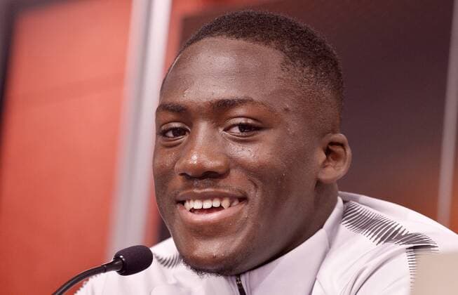 Football Europa League 2017 18 Press Conference in front of RB Leipzig Olympique Marseille 04 04 2018 Game on 05 04 2018 RBL Defender Ibrahima Konaté smiling Leipzig Saxony Germany