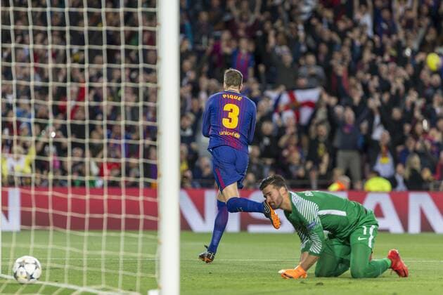 FC Barcelona Barca defender Gerard Pique (3) celebrates scoring the goal during the UEFA Champions League match between FC Barcelona and AS Roma at Camp Nou Stadium corresponding of Quarter-finals, First leg on April 4, 2018 in Barcelona, Spain. (Credit: Mikel Trigueros Urbanandsport Cordon Press)  xMikelxTriguerosx xUrbanandsportx xCordonxPressx xSPAINx-xFCxBARCELONAx-xASxROMAx-xCHAMPIONSx-xLEAGUEx