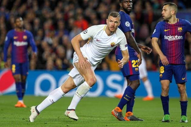 4th April 2018, Camp Nou, Barcelona, Spain; UEFA Champions League football, quarter final 1st leg, Barcelona versus AS Roma; Edin Dzeko of AS Roma turns in celebration after scoring to make it 3-1  ActionPlus12008541