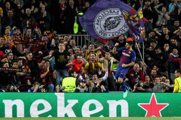 4th April 2018, Camp Nou, Barcelona, Spain; UEFA Champions League football, quarter final 1st leg, Barcelona versus AS Roma; Luis Suarez of FC Barcelona Barca celebrates his goal for 4-1 for the team  ActionPlus12008542