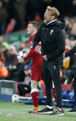 4th April 2018, Anfield, Liverpool, England; UEFA Champions League football, quarter final 1st leg, Liverpool versus Manchester City; Jurgen Klopp, Liverpool manager reacts furiously to a decision by the referee  ActionPlus12008553
