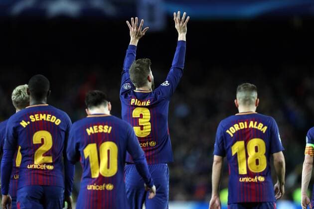 April 4, 2018 - Barcelona, Spain - GERARD PIQUE of FC Barcelona Barca celebrates after scoring his side s third goal during the UEFA Champions League, quarter final, 1st leg football match between FC Barcelona and AS Roma on April 4, 2018 at Camp Nou stadium in Barcelona, Spain Football - UEFA Champions League - FC Barcelona vs AS Roma  - ZUMAb169 20180404_zaa_b169_036 Copyright: xManuelxBlondeau Aop.Pressx