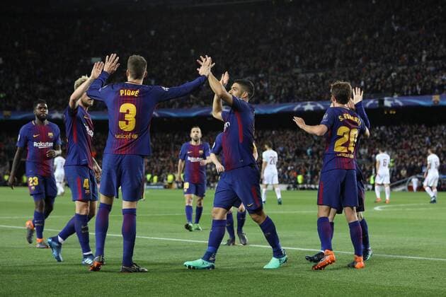 April 4, 2018 - Barcelona, Spain - GERARD PIQUE of FC Barcelona Barca celebrates after scoring his side s third goal during the UEFA Champions League, quarter final, 1st leg football match between FC Barcelona and AS Roma on April 4, 2018 at Camp Nou stadium in Barcelona, Spain Football - UEFA Champions League - FC Barcelona vs AS Roma  - ZUMAb169 20180404_zaa_b169_038 Copyright: xManuelxBlondeau Aop.Pressx