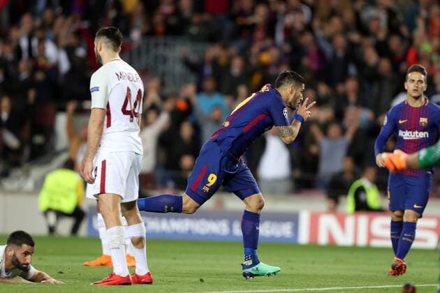 April 4, 2018 - Barcelona, Spain - LUIS SUAREZ of FC Barcelona Barca celebrates after scoring his side s fourth goal during the UEFA Champions League, quarter final, 1st leg football match between FC Barcelona and AS Roma on April 4, 2018 at Camp Nou stadium in Barcelona, Spain Football - UEFA Champions League - FC Barcelona vs AS Roma  - ZUMAb169 20180404_zaa_b169_041 Copyright: xManuelxBlondeau Aop.Pressx