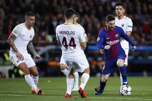 April 4, 2018 - Barcelona, Catalonia, Spain - April 4, 2018 - Barcelona, Spain - Uefa Champions League Quarter final first leg, FC Barcelona Barca v AS Roma: Leo Messi of FC Barcelona dribbles Kostas Manolas of Roma. Uefa Champions League Quarter final first leg, FC Barcelona v Chelsea CF.Apr 4th - ZUMAa178 20180404_zap_a178_014 Copyright: xMarcxDominguezx