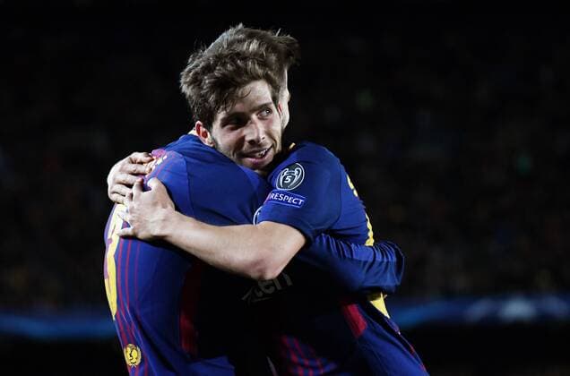 BARCELONA, 04-04-2018. UEFA Champions League 2017 2018. 1 4. FC Barcelona Barca - AS Roma. Gerard Pique of FC Barcelona celebrates his goal with Sergi Roberto. Barcelona - Roma  x2098592x