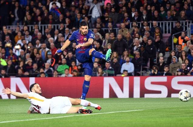 BARCELONA, 04-04-2018. UEFA Champions League 2017 2018. 1 4. FC Barcelona Barca - AS Roma. Luis Suarez of FC Barcelona and Kostas Manolas of AS Roma. Barcelona - Roma  x2098621x