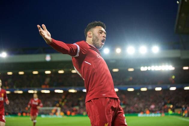 (180405) -- LIVERPOOL, April 5, 2018 -- Alex Oxlade-Chamberlain of Liverpool celebrates scoring during the UEFA Champions League quarterfinal 1st Leg match between Liverpool and Manchester City at Anfield Stadium in Liverpool, Britain on April 4, 2018. Liverpool won 3-0. FOR EDITORIAL USE ONLY. NOT FOR SALE FOR MARKETING OR ADVERTISING CAMPAIGNS. NO USE WITH UNAUTHORIZED AUDIO, VIDEO, DATA, FIXTURE LISTS, CLUB LEAGUE LOGOS OR LIVE SERVICES. ONLINE IN-MATCH USE LIMITED TO 45 IMAGES, NO VIDEO EMULATION. NO USE IN BETTING, GAMES OR SINGLE CLUB LEAGUE PLAYER PUBLICATIONS.) (SP)BRITAIN-LIVERPOOL-SOCCER-UEFA CHAMPIONS LEAGUE-LIVERPOOL VS MANCHESTER CITY HanxYan