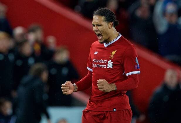 (180405) -- LIVERPOOL, April 5, 2018 -- Virgil van Dijk of Liverpool celebrates after winning the UEFA Champions League quarterfinal 1st Leg match between Liverpool and Manchester City at Anfield Stadium in Liverpool, Britain on April 4, 2018. Liverpool won 3-0. FOR EDITORIAL USE ONLY. NOT FOR SALE FOR MARKETING OR ADVERTISING CAMPAIGNS. NO USE WITH UNAUTHORIZED AUDIO, VIDEO, DATA, FIXTURE LISTS, CLUB LEAGUE LOGOS OR LIVE SERVICES. ONLINE IN-MATCH USE LIMITED TO 45 IMAGES, NO VIDEO EMULATION. NO USE IN BETTING, GAMES OR SINGLE CLUB LEAGUE PLAYER PUBLICATIONS.) (SP)BRITAIN-LIVERPOOL-SOCCER-UEFA CHAMPIONS LEAGUE-LIVERPOOL VS MANCHESTER CITY HanxYan