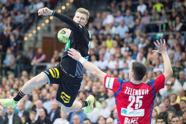 Philipp WEBER li GER vs Nemanja Zelenovic SRB action duel Handball Laender match of the men Friendlies Germany GER Serbia SRB 26 19 in Leipzig Germany on 04 04 2018 Â