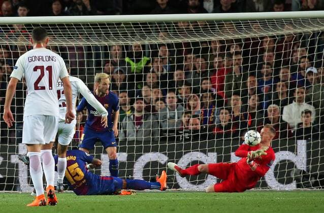 April 4, 2018 - Barcelona, Catalonia, Spain - Marc Andre Ter Stegen during the match between FC Barcelona Barca and AS Roma, for the first leg of the 1 4 final of the UEFA Champions League, played at the Camp Nou Stadium on 04th April 2018 in Barcelona, Spain. Photo: Urbanandsport NurPhoto. FC Barcelona v AS Roma - UEFA Champions League Quarter Final Leg One  - ZUMAn230 20180404_zaa_n230_461 Copyright: xJoanxVallsx