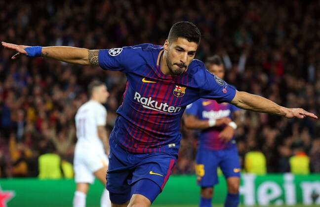 April 4, 2018 - Barcelona, Catalonia, Spain - Luis Suarez goal celebration during the match between FC Barcelona Barca and AS Roma, for the first leg of the 1 4 final of the UEFA Champions League, played at the Camp Nou Stadium on 04th April 2018 in Barcelona, Spain. Photo: Urbanandsport NurPhoto. FC Barcelona v AS Roma - UEFA Champions League Quarter Final Leg One  - ZUMAn230 20180404_zaa_n230_467 Copyright: xJoanxVallsx