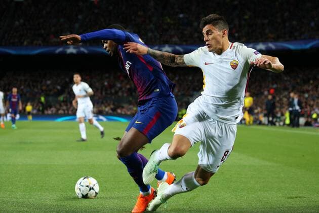 April 4, 2018 - Barcelona, Catalonia, Spain - Diego Perotti amd Nelson Semedo during the match between FC Barcelona Barca and AS Roma, for the first leg of the 1 4 final of the UEFA Champions League, played at the Camp Nou Stadium on 04th April 2018 in Barcelona, Spain. Photo: Urbanandsport NurPhoto. FC Barcelona v AS Roma - UEFA Champions League Quarter Final Leg One  - ZUMAn230 20180404_zaa_n230_475 Copyright: xJoanxVallsx