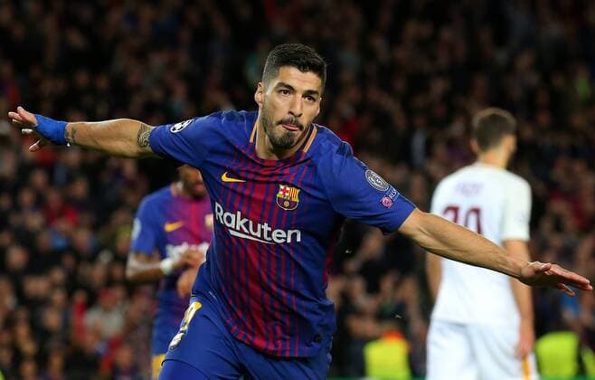 April 4, 2018 - Barcelona, Catalonia, Spain - Luis Suarez goal celebration during the match between FC Barcelona Barca and AS Roma, for the first leg of the 1 4 final of the UEFA Champions League, played at the Camp Nou Stadium on 04th April 2018 in Barcelona, Spain. Photo: Urbanandsport NurPhoto. FC Barcelona v AS Roma - UEFA Champions League Quarter Final Leg One  - ZUMAn230 20180404_zaa_n230_476 Copyright: xJoanxVallsx