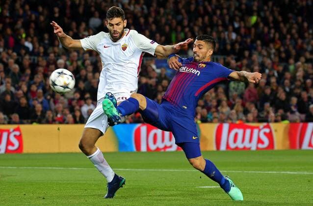 April 4, 2018 - Barcelona, Catalonia, Spain - Federico Fazio and Luis Suarez during the match between FC Barcelona Barca and AS Roma, for the first leg of the 1 4 final of the UEFA Champions League, played at the Camp Nou Stadium on 04th April 2018 in Barcelona, Spain. Photo: Urbanandsport NurPhoto. FC Barcelona v AS Roma - UEFA Champions League Quarter Final Leg One  - ZUMAn230 20180404_zaa_n230_678 Copyright: xJoanxVallsx