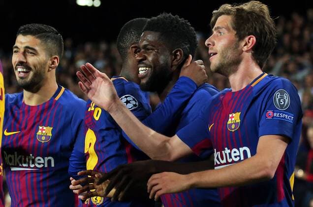 Bilder des Tages - SPORT April 4, 2018 - Barcelona, Catalonia, Spain - Samuel Umtiti celebration during the match between FC Barcelona Barca and AS Roma, for the first leg of the 1 4 final of the UEFA Champions League, played at the Camp Nou Stadium on 04th April 2018 in Barcelona, Spain. Photo: Urbanandsport NurPhoto. FC Barcelona v AS Roma - UEFA Champions League Quarter Final Leg One  - ZUMAn230 20180404_zaa_n230_670 Copyright: xJoanxVallsx