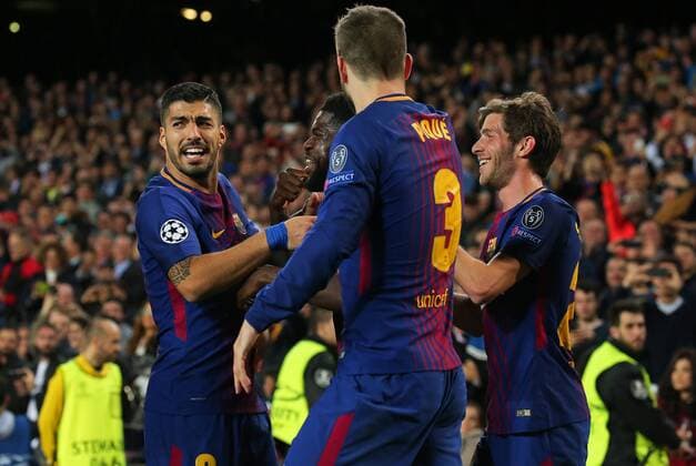 April 4, 2018 - Barcelona, Catalonia, Spain - FC Barcelona Barca players celebration during the match between FC Barcelona and AS Roma, for the first leg of the 1 4 final of the UEFA Champions League, played at the Camp Nou Stadium on 04th April 2018 in Barcelona, Spain. Photo: Urbanandsport NurPhoto. FC Barcelona v AS Roma - UEFA Champions League Quarter Final Leg One  - ZUMAn230 20180404_zaa_n230_669 Copyright: xJoanxVallsx