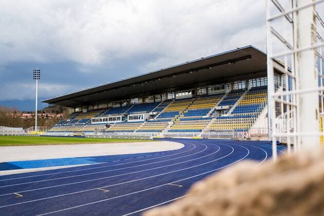 Dark black clouds over the Ernst Abbe sports field EAS Jena the home stadium of Carl Zeiss Jena at 4 4 18 View of the grandstand Ernst Abbe sports field Jena