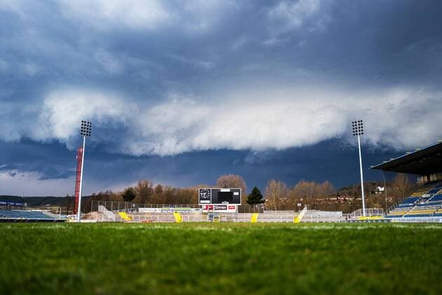 Dark black clouds over the Ernst Abbe sports field EAS Jena the home stadium of Carl Zeiss Jena at 4 4 18 View towards Südkurve Ernst Abbe sports field Jena
