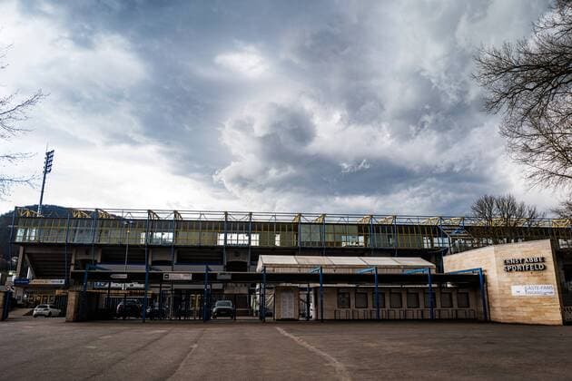 Dark black clouds over the Ernst Abbe sports field EAS Jena the home stadium of Carl Zeiss Jena at 4 4 18 View of the entrance hall side with the grandstand Ernst Abbe sports field Jena