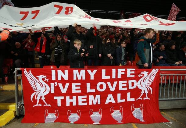Liverpool fans cheer on their team during the Champions League Quarter Final 1st Leg, match at Anfield Stadium, Liverpool. Picture date: 4th April 2018. Picture credit should read: Simon Bellis Sportimage EDITORIAL USE ONLY. No use with unauthorised audio, video, data, fixture lists, club league logos or live services. Online in-match use limited to 120 images, no video emulation. No use in betting, games or single club league player publications.