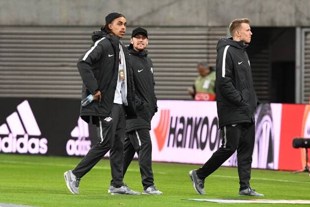 Football Mens Season 2017 2018 Europa League Quarter-finals First leg RB Leipzig Olympique Marseille Yussuf Poulsen No. 9 RB Leipzig Emil Forsberg No. 10 RB Leipzig Lukas Klostermann No. 16 RB Leipzig before the match at the 05.04.2018 Copyright: xMatthiasxKochx
