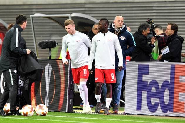 Soccer Mens Season 2017 2018 Europa League quarter-finals first leg RB Leipzig Olympique Marseille Timo Werner No. 11 RB Leipzig and Naby Keita No. 8 RB Leipzig come to warm up on the square 05 04 2018 Copyright: xMatthiasxKochx