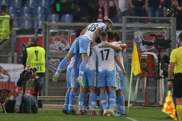 SOCCER - EL, Lazio vs RBS ROME,ITALY,05.APR.18 - SOCCER - UEFA Europa League, quarterfinal, SS Lazio vs Red Bull Salzburg. Image shows the rejoicing of Lazio. GEPAxpictures xMathiasxMandl