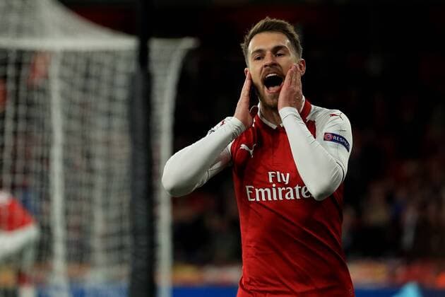 5th April 2018, Emirates Stadium, London, England; UEFA Europa League football, quarter final, 1st leg, Aaron Ramsey of Arsenal holds his face as his goal is disallowed  ActionPlus12008923
