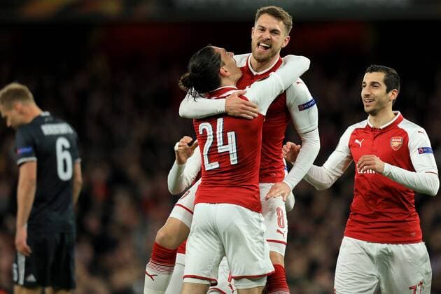 5th April 2018, Emirates Stadium, London, England; UEFA Europa League football, quarter final, 1st leg, Aaron Ramsey of Arsenal celebrates with H& xe9;ctor Bellerin after scoring as he makes it 1-0  ActionPlus12008924