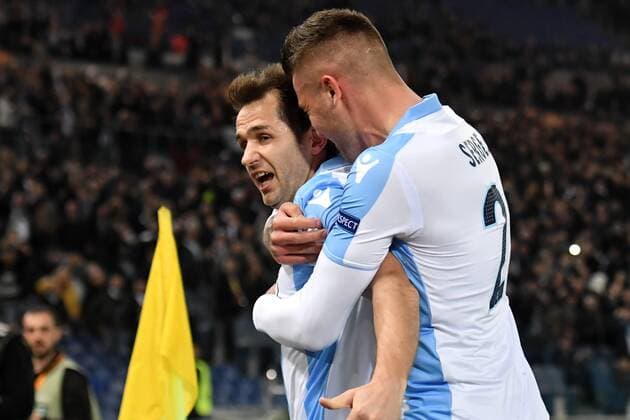 Esultanza gol Senad Lulic Lazio goal celebration 1-0 with Sergej Milinkovic Savic Roma 05-04-2018 Stadio Olimpico Football Calcio Europa League 2017 2018 Lazio - Salzburg Lazio - Salisburgo Foto Andrea Staccioli Insidefoto andreaxstaccioli