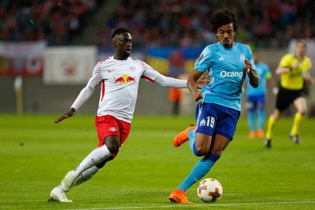 05 04 2018 xtgx Football UEFA Europa League RB Leipzig Olympique Marseille emspor by Jean Kevin Augustin Leipzig 29 Luiz Gustavo Olympique Marseille 19 duel duel fight tackle Leipzig