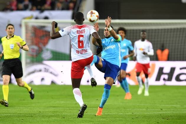 Soccer Men Season 2017 2018 Europa League Quarter Finals First leg RB Leipzig Olympique Marseille Ibrahima Konate No 6 RB Leipzig Dimitri Payet No 10 Olympique Marseille 05 04 2018 Copyright: xMatthiasxKochx