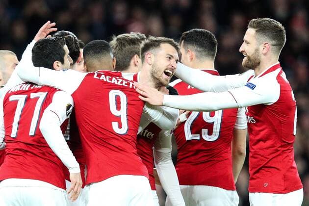 Aaron Ramsey of Arsenal celebrates scoring the opening goal during the UEFA Europa League Quarter-Final 1st leg match at the Emirates Stadium, London. Picture date 5th April 2018. Picture credit should read: Charlie Forgham-Bailey Sportimage EDITORIAL USE ONLY. No use with unauthorised audio, video, data, fixture lists, club league logos or live services. Online in-match use limited to 120 images, no video emulation. No use in betting, games or single club league player publications.