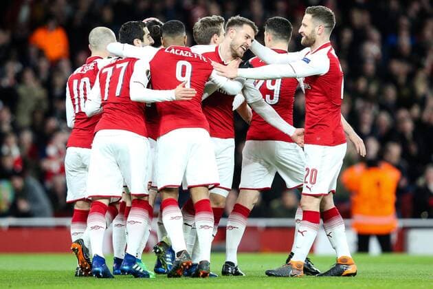 Aaron Ramsey of Arsenal celebrates scoring the opening goal during the UEFA Europa League Quarter-Final 1st leg match at the Emirates Stadium, London. Picture date 5th April 2018. Picture credit should read: Charlie Forgham-Bailey Sportimage EDITORIAL USE ONLY. No use with unauthorised audio, video, data, fixture lists, club league logos or live services. Online in-match use limited to 120 images, no video emulation. No use in betting, games or single club league player publications.
