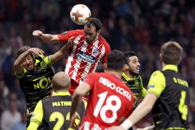 Diego Godin of Atletico de Madrid during the UEFA Europe League 2017 18 quarter finals, first leg match between Atletico de Madrid and Sporting Portugal, at Wanda Metropolitano Stadium in Madrid on April 5, 2018. (Photo by Guille Martinez Cordon Press)  xGuillexMartinezx xEuropaxLeaguex2017 18:xAtleticoxdexMadridxvsxSportingxPortugalx