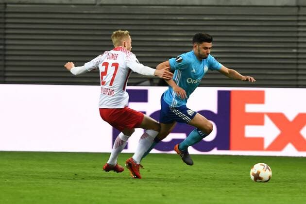 Soccer Men Season 2017 2018 Europa League Quarterfinal First leg RB Leipzig Olympique Marseille Konrad Laimer Nr 27 RB Leipzig Morgan Sanson Nr 8 Olympique Marseille 05 04 2018 Copyright: xMatthiasxKochx