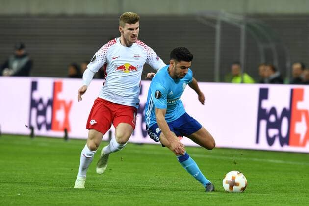 Soccer Men Season 2017 2018 Europa League Quarter Finals First leg RB Leipzig Olympique Marseille Timo Werner No 11 RB Leipzig Morgan Sanson No 8 Olympique Marseille 05 04 2018 Copyright: xMatthiasxKochx