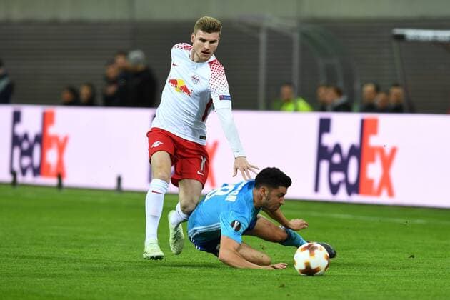 Soccer Men Season 2017 2018 Europa League Quarter Finals First leg RB Leipzig Olympique Marseille Timo Werner No 11 RB Leipzig Morgan Sanson No 8 Olympique Marseille 05 04 2018 Copyright: xMatthiasxKochx