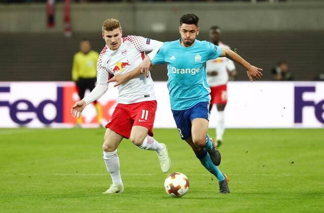 RB Leipzig Marseille Soccer Euro League Leipzig 05 04 2018 Red Bull Arena Soccer UEFA Euro League quarter-finals RB Leipzig vs. Olympique de Marseille Pictured l Timo Werner 11 RB Leipzig and Morgan Sanson 8 Marseille
