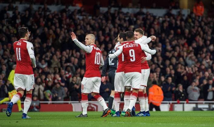 Celebrations after Aaron Ramsey of Arsenal scores a goal to make it 1-0 during the UEFA Europa League QF 1st leg match between Arsenal and CSKA Moscow at the Emirates Stadium, London, England on 5 April 2018. Copyright: xAndrewxAleksiejczukx PMI-1949-0010