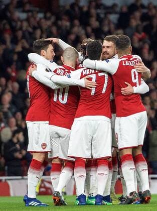 Celebrations after Aaron Ramsey of Arsenal scores a goal to make it 1-0 during the UEFA Europa League QF 1st leg match between Arsenal and CSKA Moscow at the Emirates Stadium, London, England on 5 April 2018. Copyright: xAndrewxAleksiejczukx PMI-1949-0011