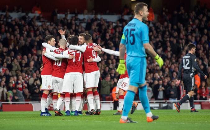 Celebrations after Aaron Ramsey of Arsenal scores a goal to make it 1-0 during the UEFA Europa League QF 1st leg match between Arsenal and CSKA Moscow at the Emirates Stadium, London, England on 5 April 2018. Copyright: xAndrewxAleksiejczukx PMI-1949-0012