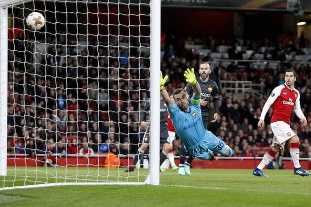 GOAL - Igor Akinfeev of CSKA Moscow failed to keep out the shot from Aaron Ramsey of Arsenal during the UEFA Europa League Quarter-Final match between Arsenal and CSKA Moscow at the Emirates Stadium, London, England on 5 April 2018. Copyright: xCarltonxMyriex 19500005