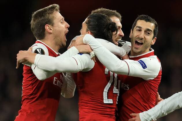 5th April 2018, Emirates Stadium, London, England; UEFA Europa League football, quarter final, 1st leg, Aaron Ramsey of Arsenal celebrates with H& xe9;ctor Bellerin and Henrikh Mkhitaryan after he scores and makes it 1-0 in the 9th minute  ActionPlus12008925
