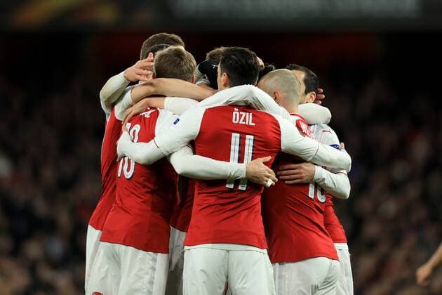 5th April 2018, Emirates Stadium, London, England; UEFA Europa League football, quarter final, 1st leg, Aaron Ramsey of Arsenal celebrates with team mates after scoring making it 1-0 in the 9th minute  ActionPlus12008926
