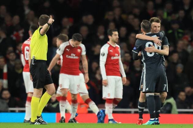 5th April 2018, Emirates Stadium, London, England; UEFA Europa League football, quarter final, 1st leg, Aleksandr Golovin of CSK Moscow celebrates with Bibras Natkho as he scores making it 1-1 in minute 15  ActionPlus12008927
